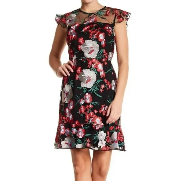 donna morgan floral embroidered dress Donna Morgan Womens Printed Midi Dress Pink 10